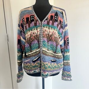 Icelandic Design Knit Cardigan Zip Front L Cozy Cottagecore Landscape Sweater